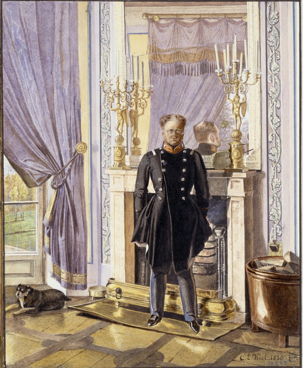 Porträtt av storhertig Constantin Pavlovich av Ryssland (1779-1831), framför den öppna spisen. (Porträtt av storhertigen Konstantin Pavlovich av Ryssland vid den öppna spisen). Verk av Lev Ivanovich Kiel (?-1851), akvarell på papper av Lev Ivanovich Kiel