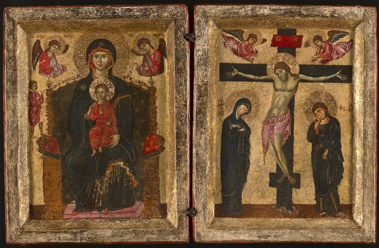 Diptyk med jungfrun och barnet på tronen och korsfästelsen, 1275-80 av Levantine School