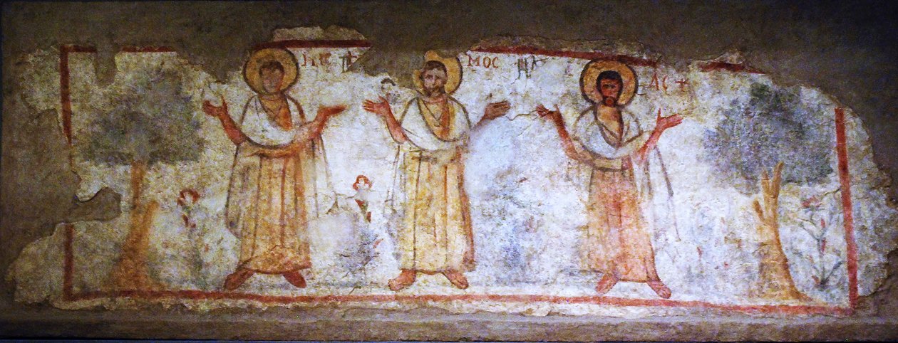 Väggmålning som visar helgon vid gudstjänst, Caesarea, Israel, 6-700-talet (måla på torr gips) av Levantine School Levantine School