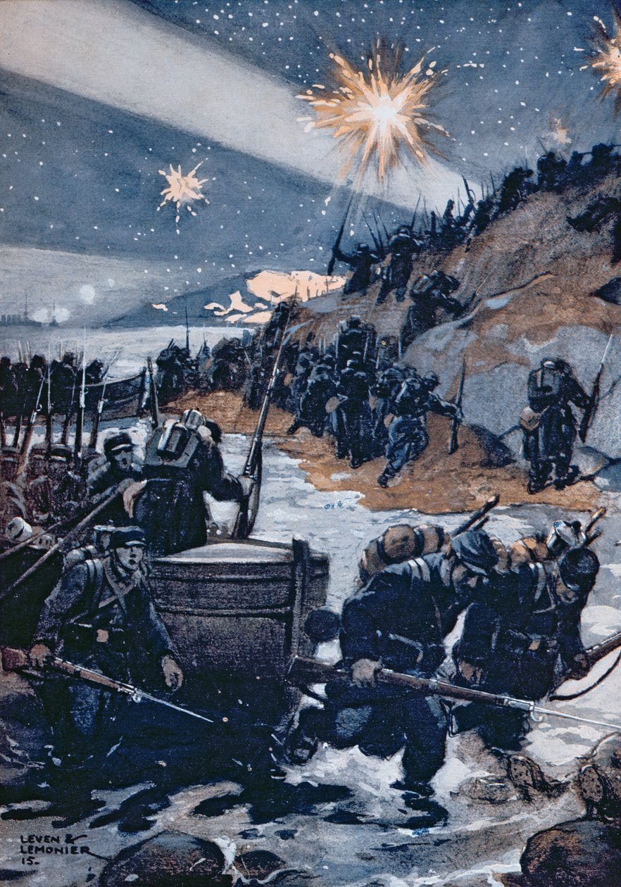 Nattlandning vid Dardanellerna, illustration från "Les Pays de France", 1915 av Leven and Lemonier