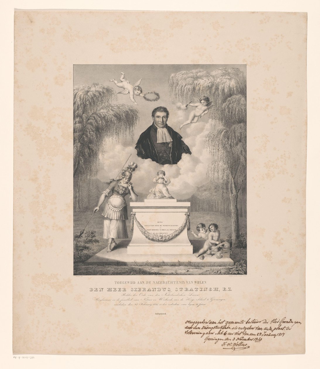Porträtt av Sibrandus Stratingh Tillägnad minnet av framlidne herr Sibrandus Stratingh, E.Z. (titel på objekt) av Levi Michiel Bendix