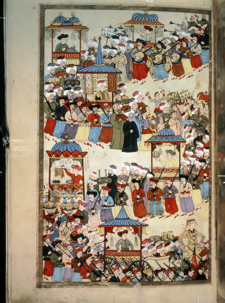 OTTOMAN EMPIRE: "Parad för musikerskrået, dansare, skräddare, bodmakare etc.... av Levni Levni