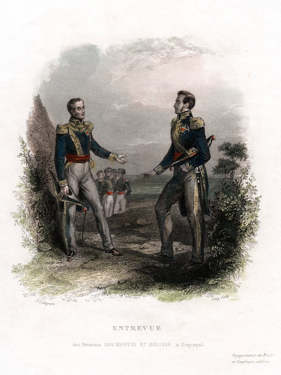 Möte mellan generalerna San Martin och Bolivar, Guayaquil, Ecuador, 1822, 1800-talet. av Levy