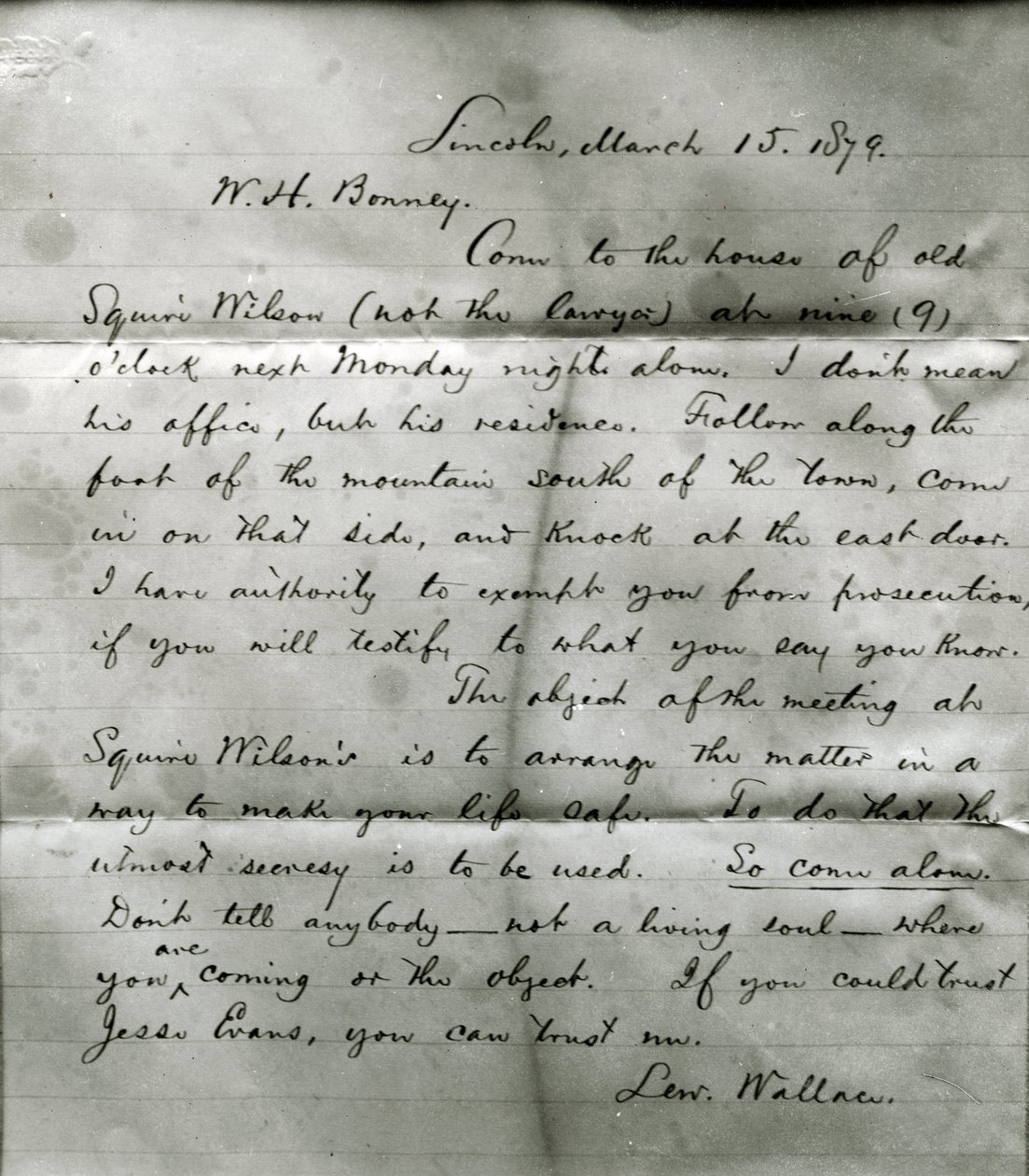 Brev från Lew Wallace till W. H. Bonney (1860-81) 15 mars 1879 av Lew Wallace