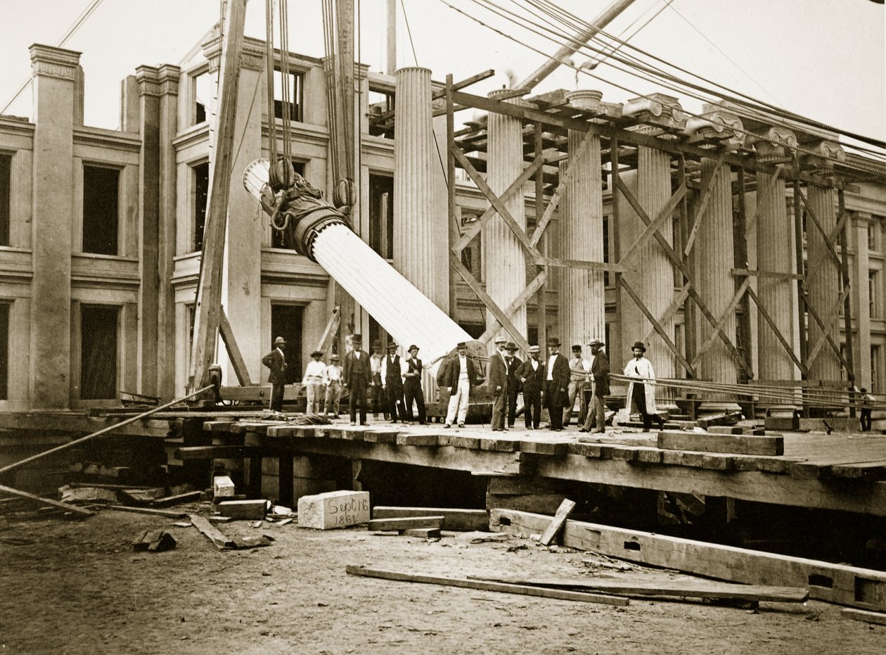 Konstruktion av södra flygeln, Department of the Treasury, Washington, D.C., 1861 (bw-foto) av Lewis Emory Walker