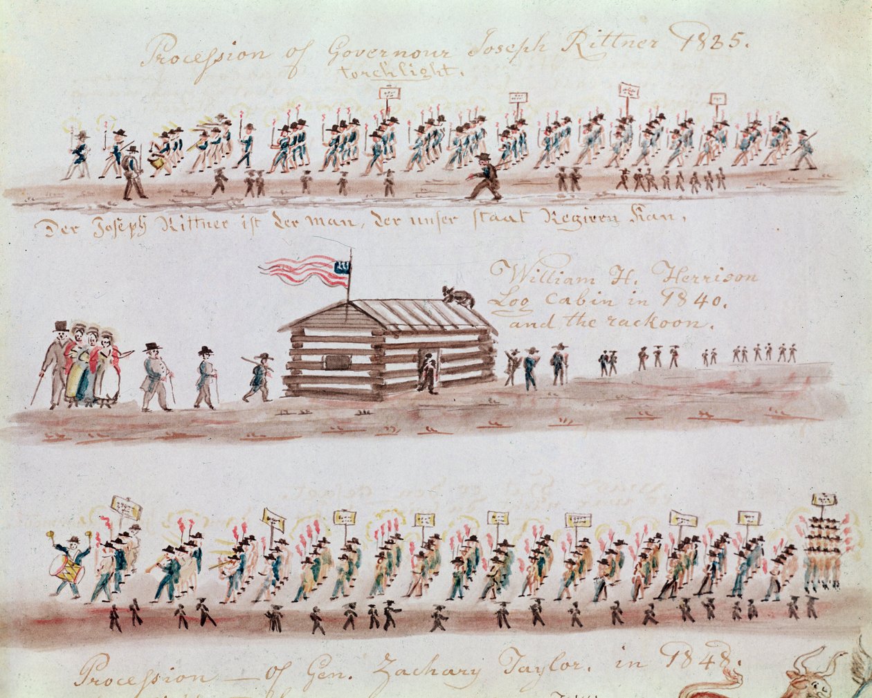 Tre skisser som skildrar händelser i amerikansk historia av Lewis Miller