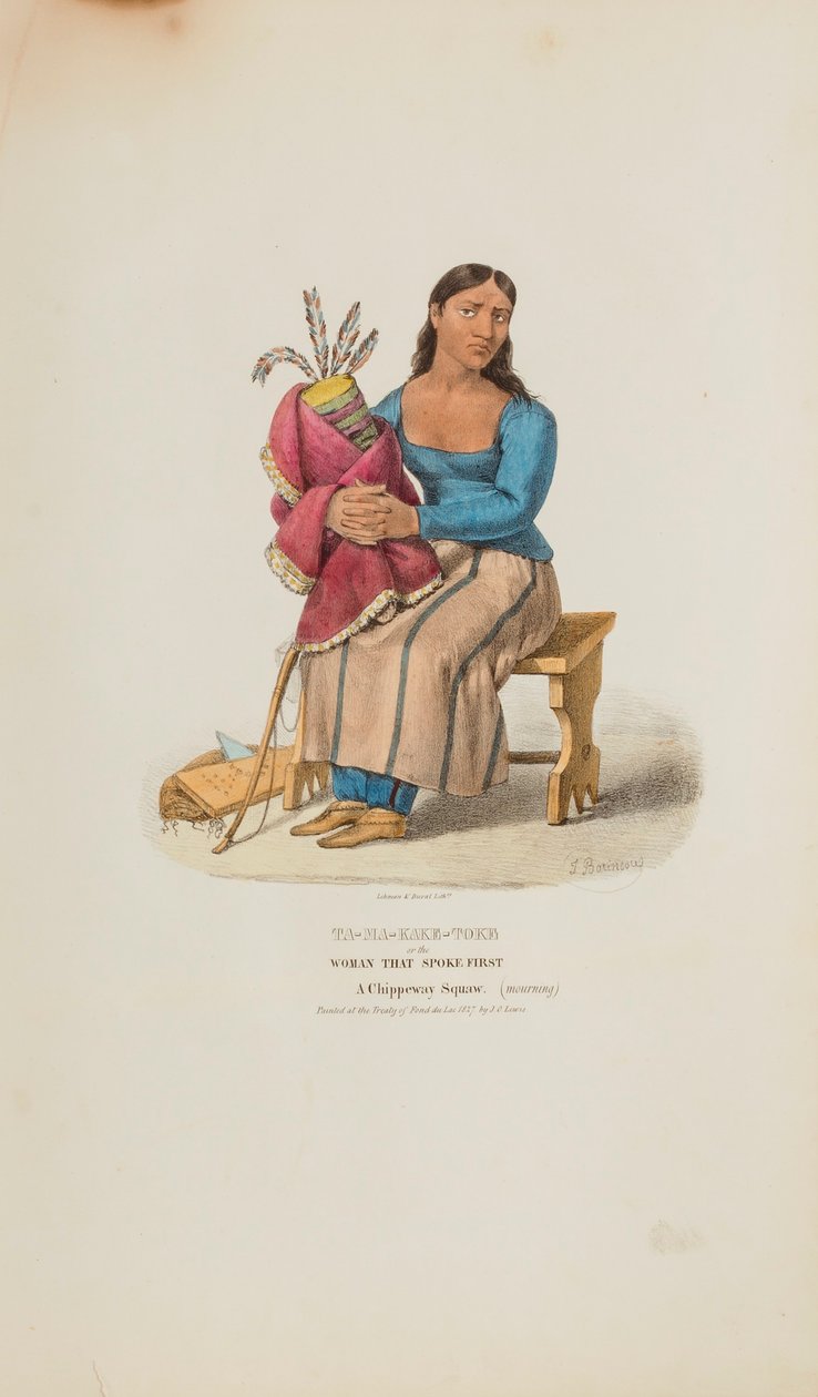 TA-MA-KAKE-TOKE eller Kvinnan som talade först; En Chippeway-kvinna (sörjande), från The Aboriginal Portfolio av Lewis, James Otto