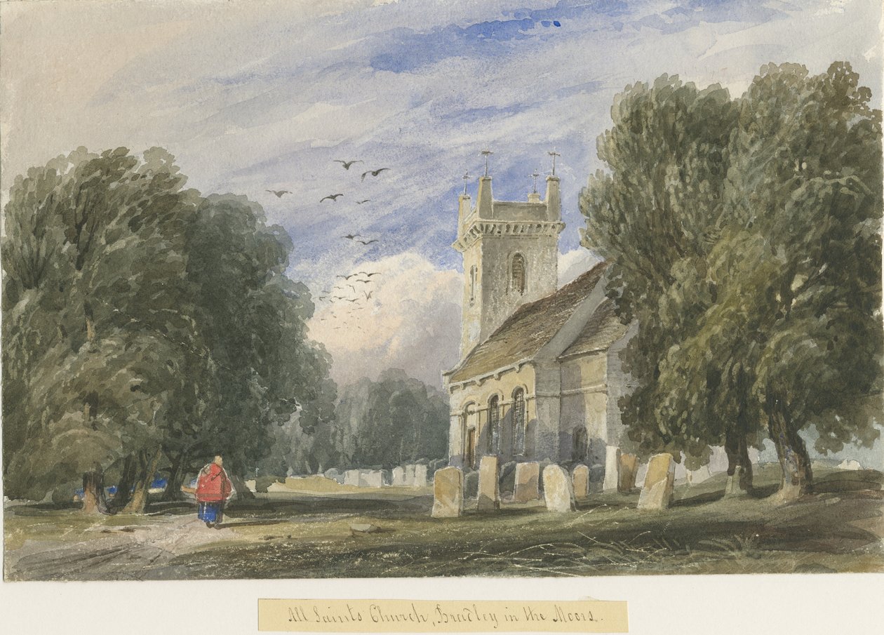 Bradley-in-the-Moors Church: akvarellmålning och [c 1830-1840] av Lewis John Wood
