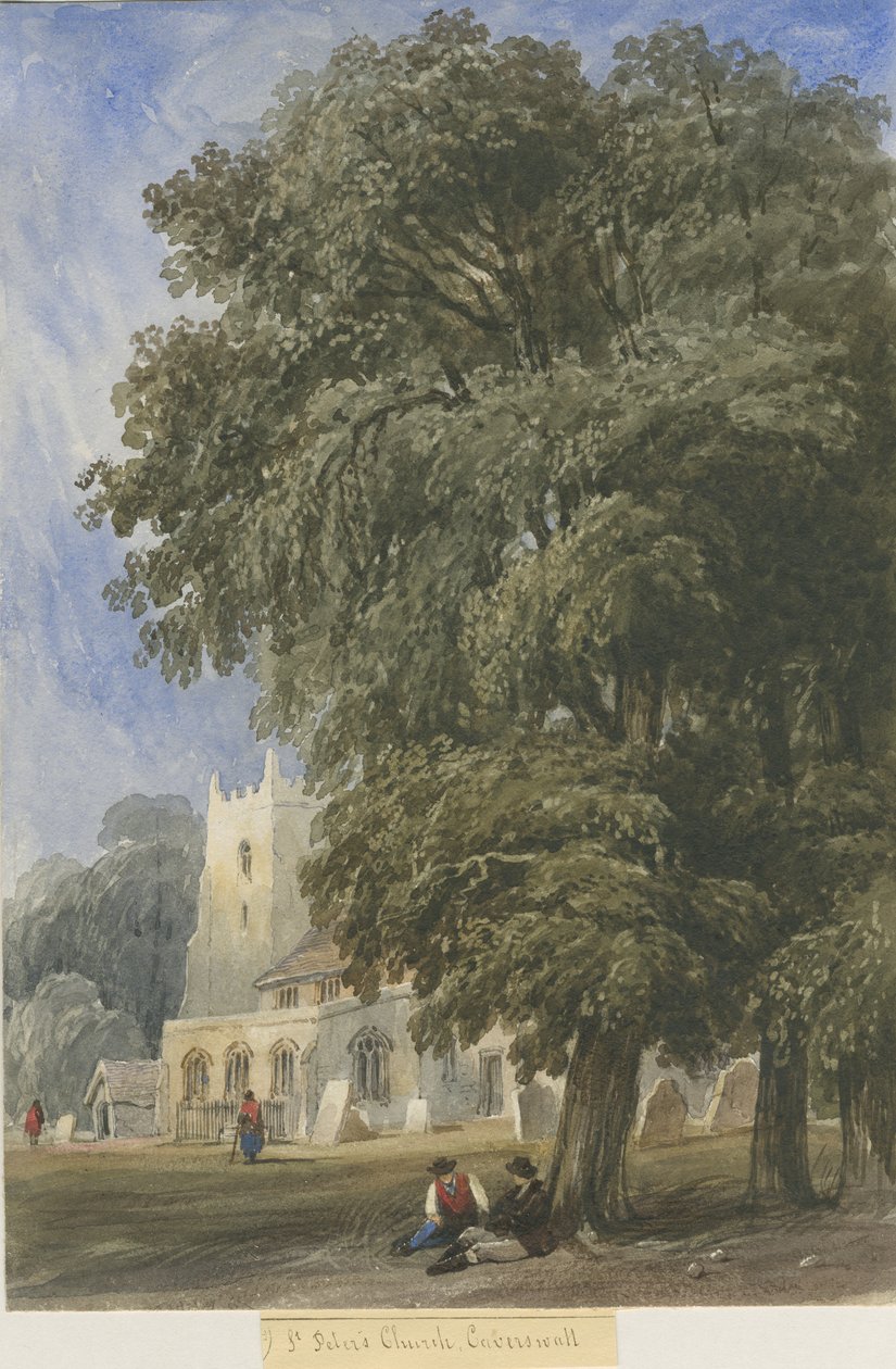 Caverswall Church: akvarellmålning och [c 1830-1840] (målning) av Lewis John Wood