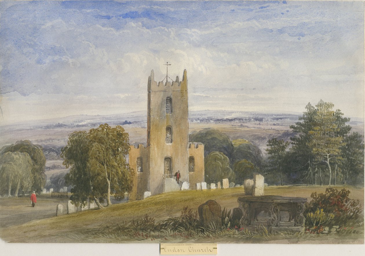Endon Church: akvarellmålning och [c 1830-1840] (målning) av Lewis John Wood