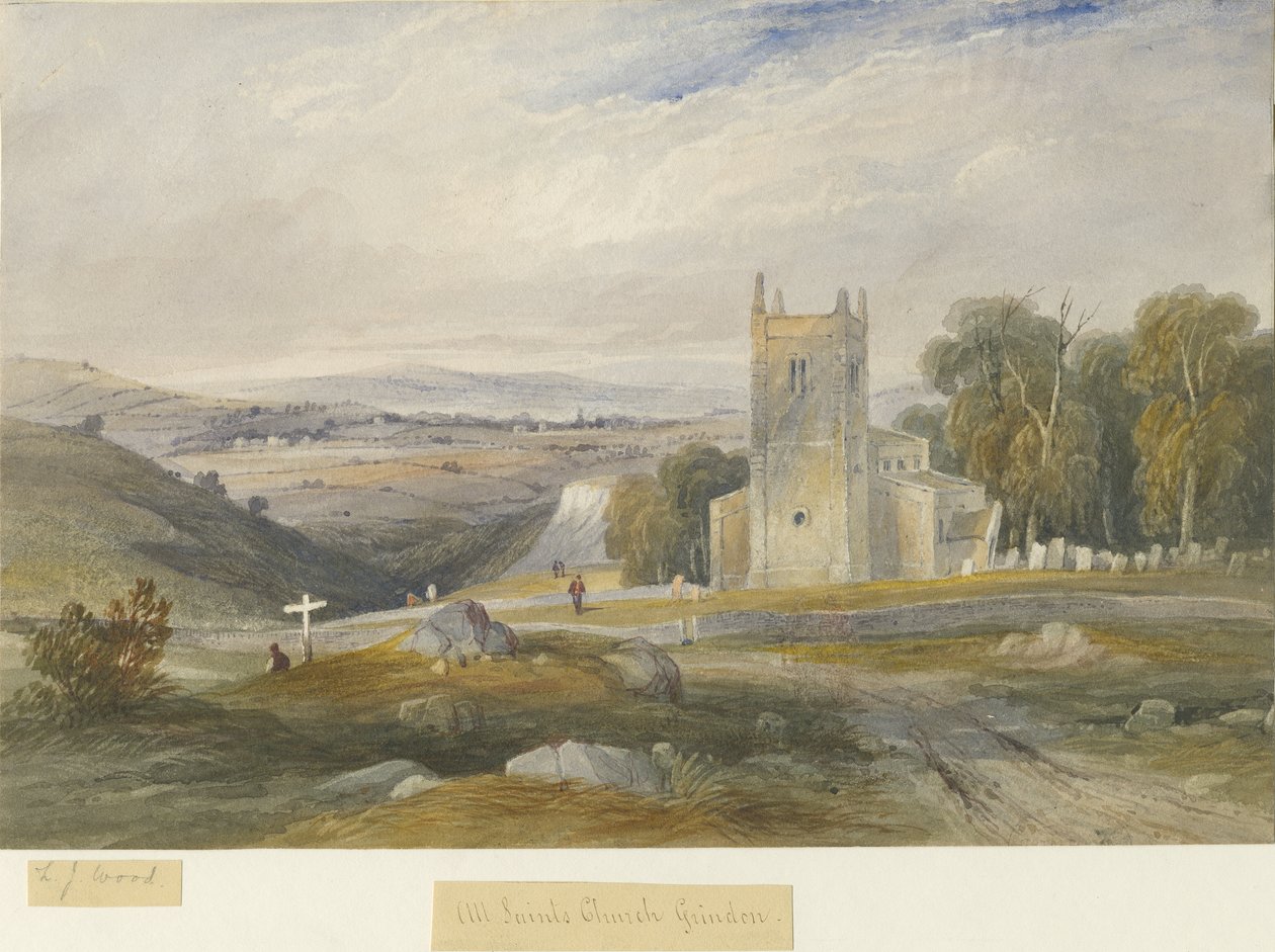 Grindon Church: akvarellmålning och [c 1830-1845] av Lewis John Wood