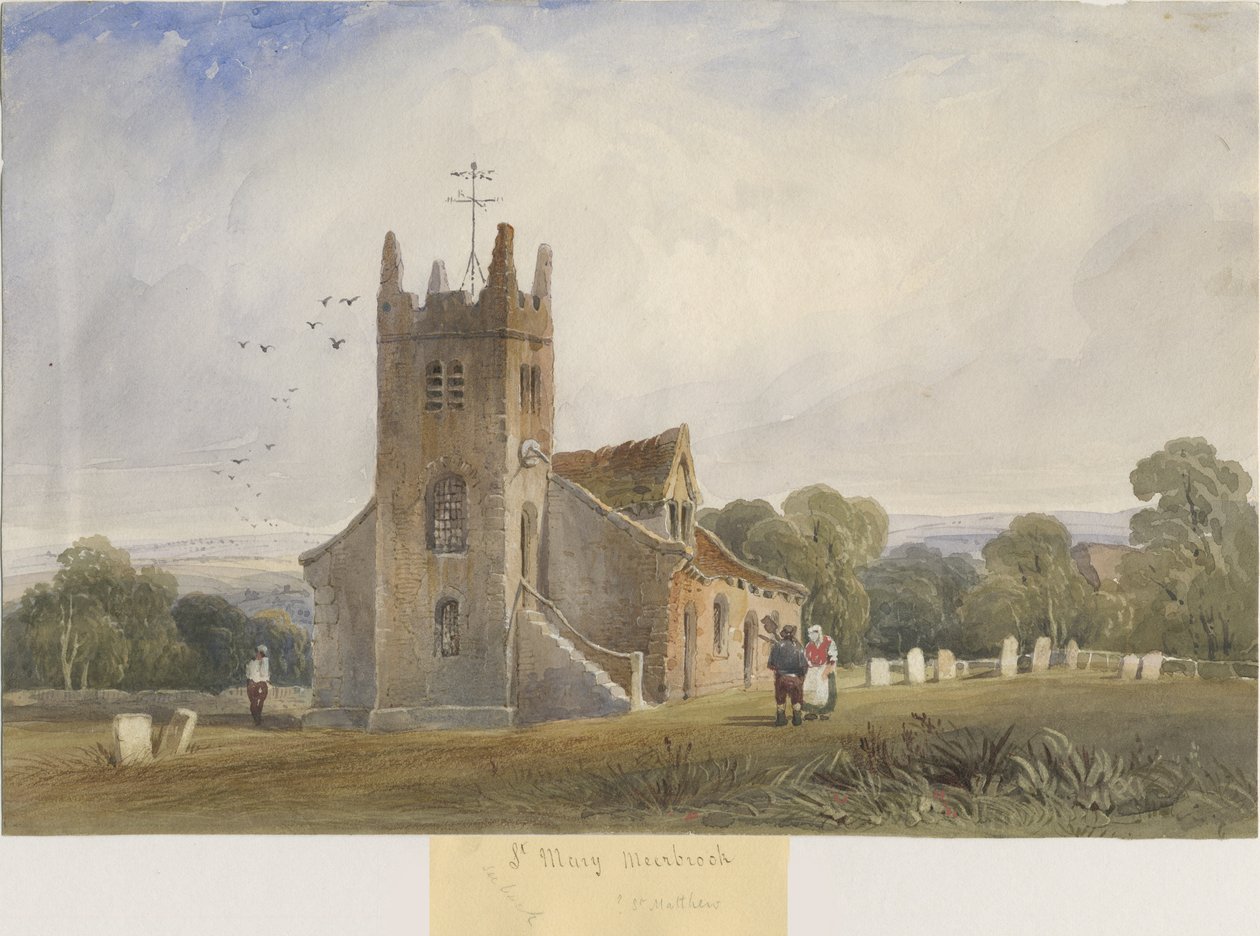 Meerbrook Church - "St. Matthews": akvarellmålning och [c 1830-1840] av Lewis John Wood