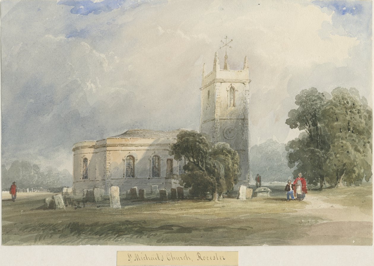 Rocester Church: akvarellmålning och [c 1830-1840] av Lewis John Wood