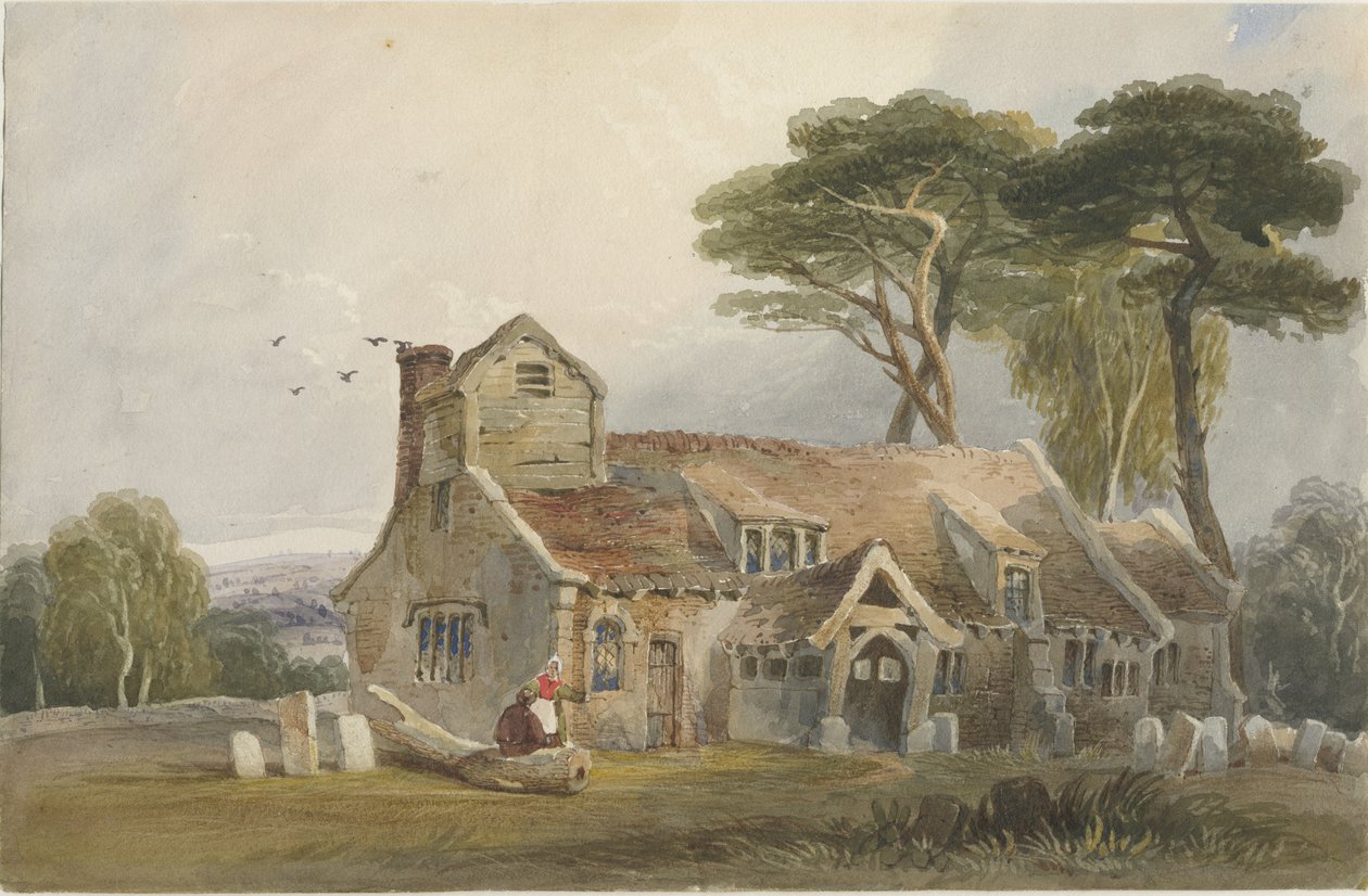 Rushton Spencer Church: akvarellmålning och [c 1830-1840] av Lewis John Wood