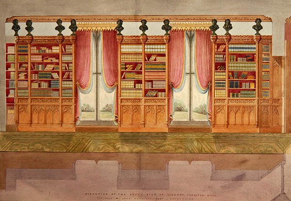 Höjd av södra sidans bibliotek, Snelston Hall, Derbyshire (penna, penna, bläck och akvarell på papper) av Lewis Nockalls Cottingham