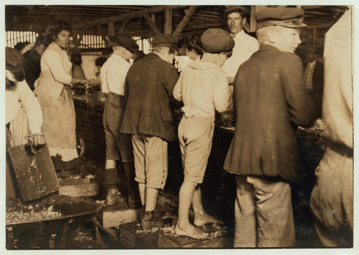 Räkplockare, inklusive 8-åriga Max, i Dunbar, Lopez, Dukate Co, Biloxi, Mississippi, 1911 av Lewis Wickes Hine