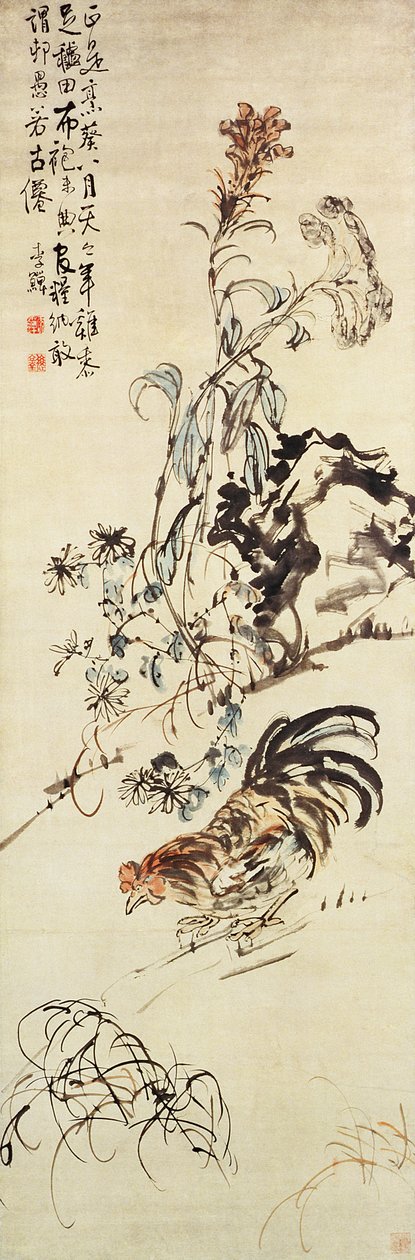 En kyckling, tuppkam och krysantemum, handscroll inskriven med en dikt av Li Shan
