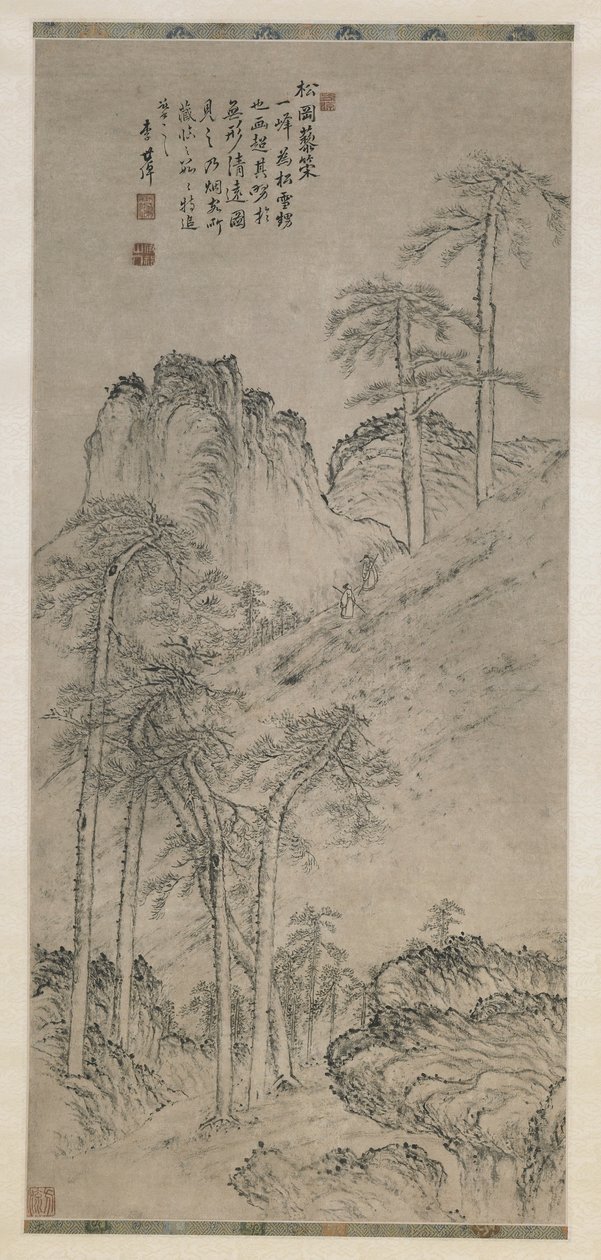 Walking with Staffs on a Pine Hill, Qing-dynastin, ca 1760 (bläck på papper) av Li Shizuo