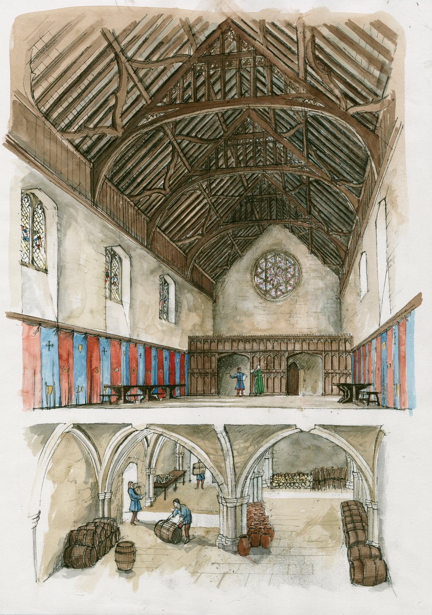 Rekonstruktion av Winchester Palace från medeltiden (akvarell på papper) av Liam Wales