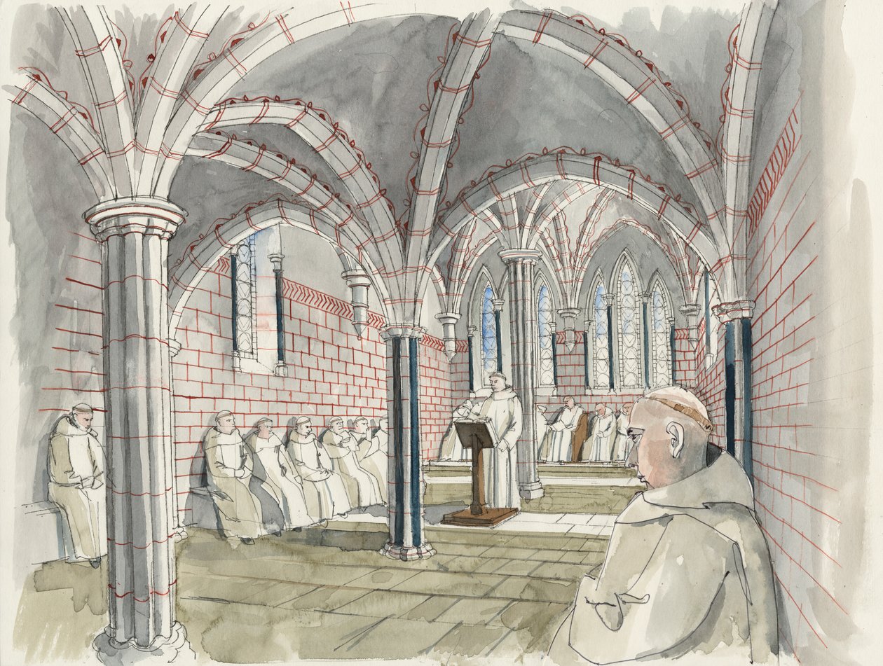 Rekonstruktion av kapitelhuset på Shap Abbey ca 1530 (akvarell på papper) av Liam Wales
