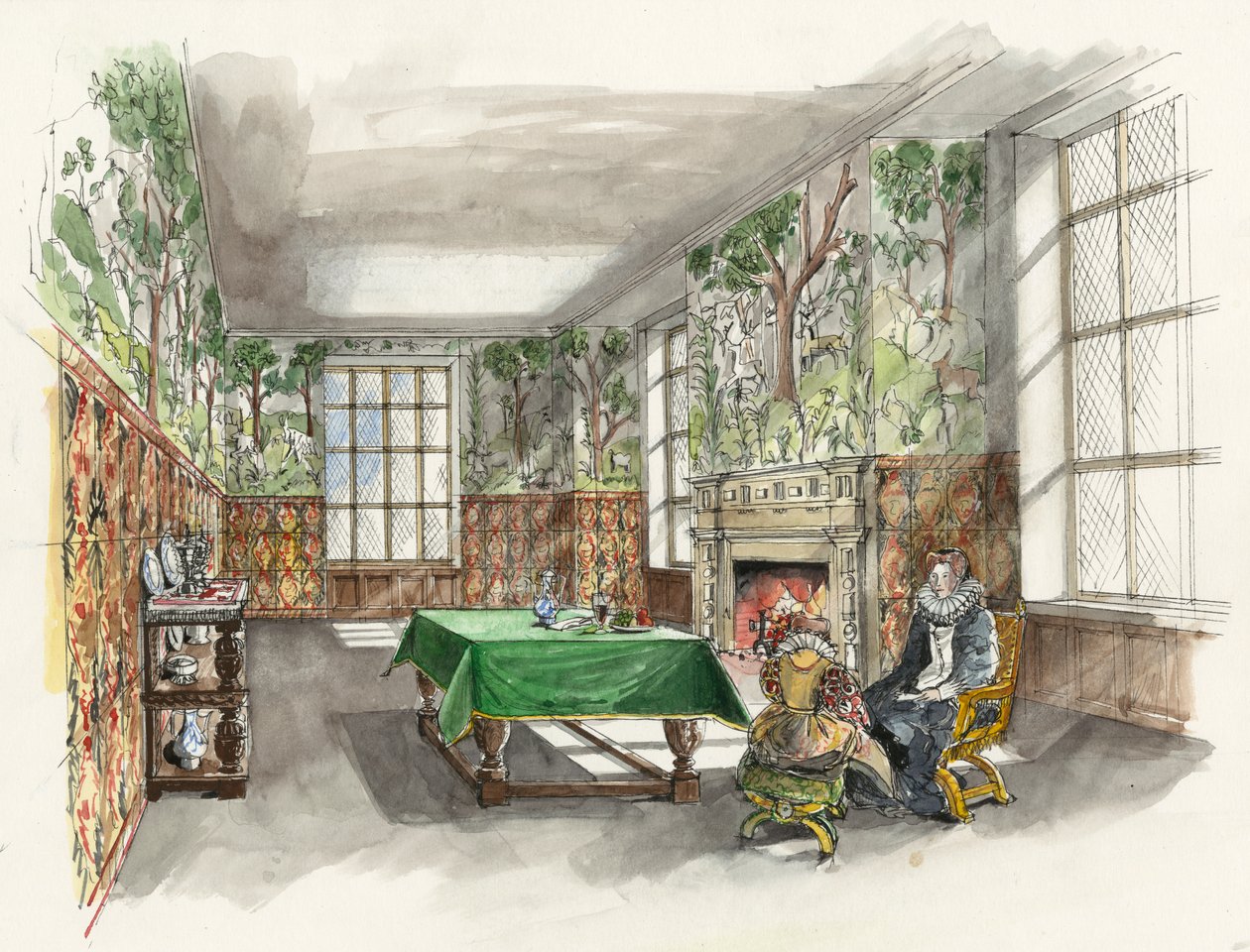 Rekonstruktion av den stora kammaren i skogen i Hardwick Old Hall 1601 (akvarell på papper) av Liam Wales
