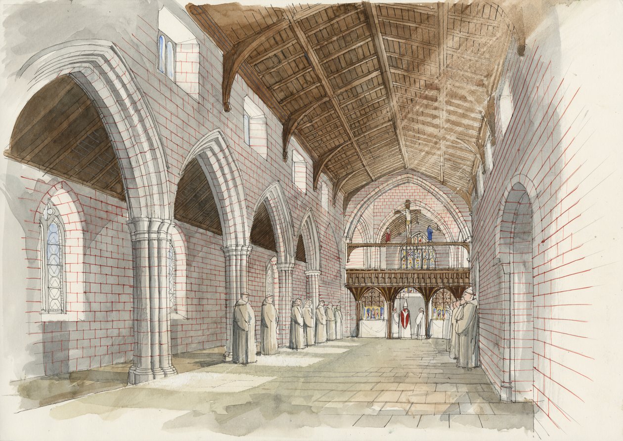 Rekonstruktion av klosterkyrkans mittskepp i Shap Abbey ca 1530 (akvarell på papper) av Liam Wales