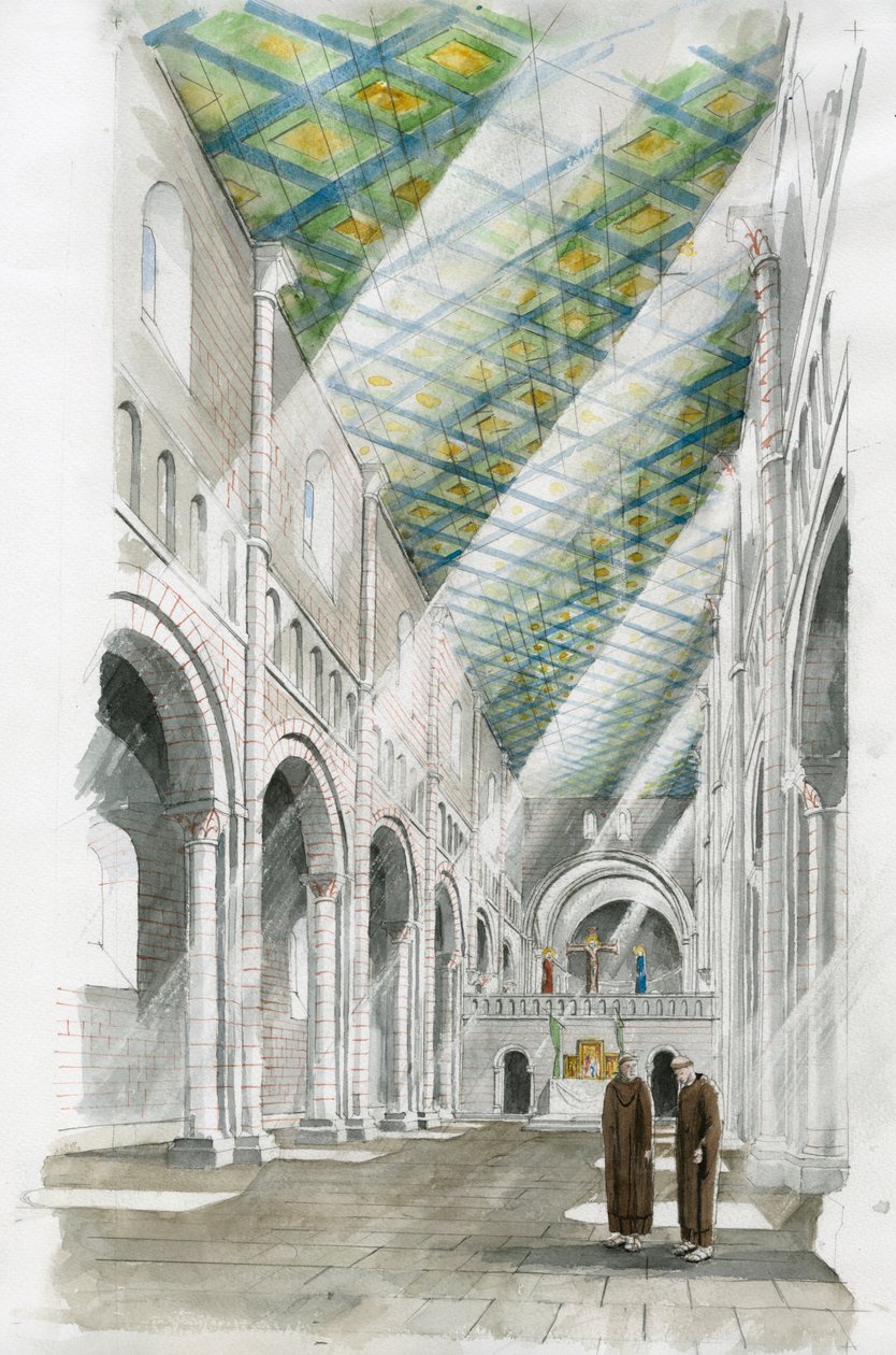 Rekonstruktion av interiören i kyrkan i Old Sarum (akvarell på papper) av Liam Wales