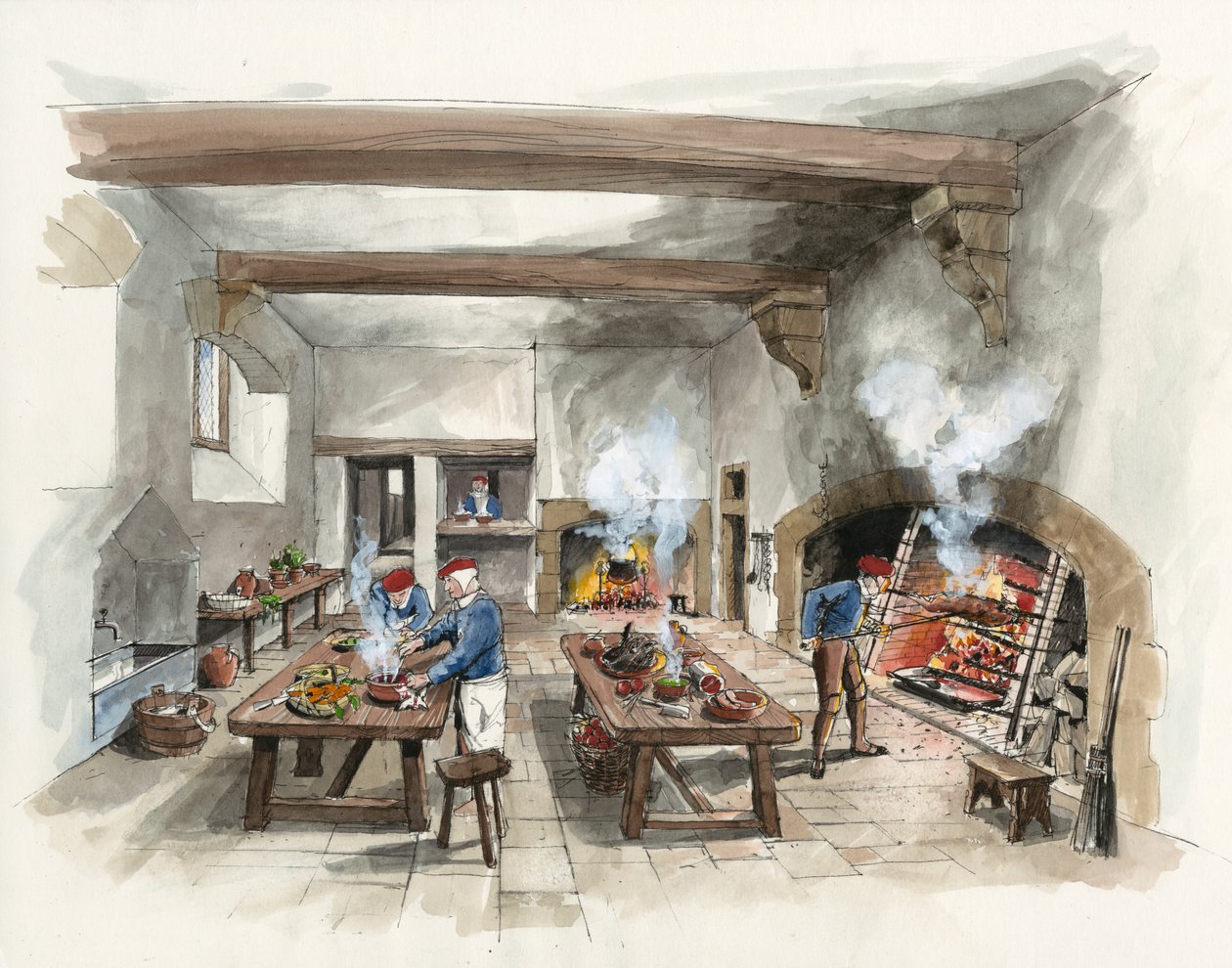 Rekonstruktion av köket på Hardwick Old Hall 1601 (akvarell på papper) av Liam Wales