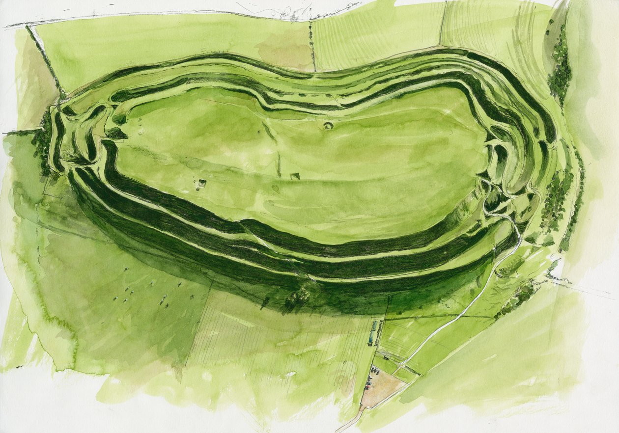 Resterna av Maiden Castle (akvarell på papper) av Liam Wales