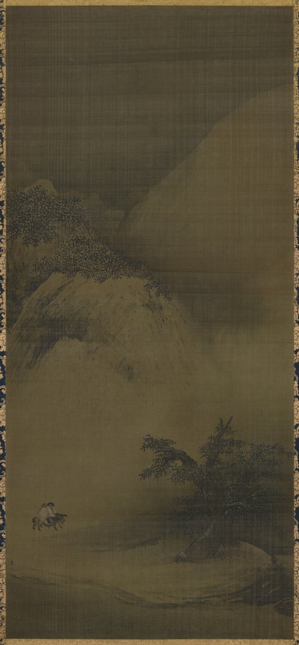 Snowy Scenery, landscape painting (絹本墨画淡彩雪景山水図, kenpon bokuga tansai sekkei sansui zu). Hanging scroll av Liang Kai