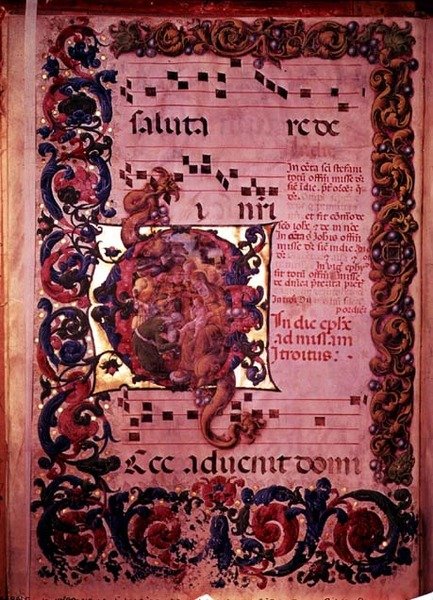 Sida med musik med ett historiskt initialt G som skildrar tillbedjan av männen, från en antifonal, ca 1473-79 av Liberale da Verona