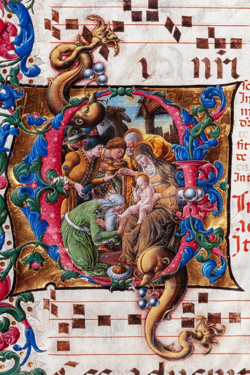 Piccolomini bibliotek: körbok, torsk. 19.4, ff. 9v med "Adoration of the Magi", av Liberale da Verona (cirka 1445 - 1527/9). Detalj. av Liberale da Verona