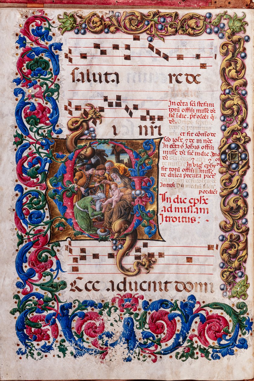 Piccolomini bibliotek: körbok, torsk. 19.4, ff. 9v med "Adoration of the Magi", av Liberale da Verona (cirka 1445 - 1527/9). av Liberale da Verona