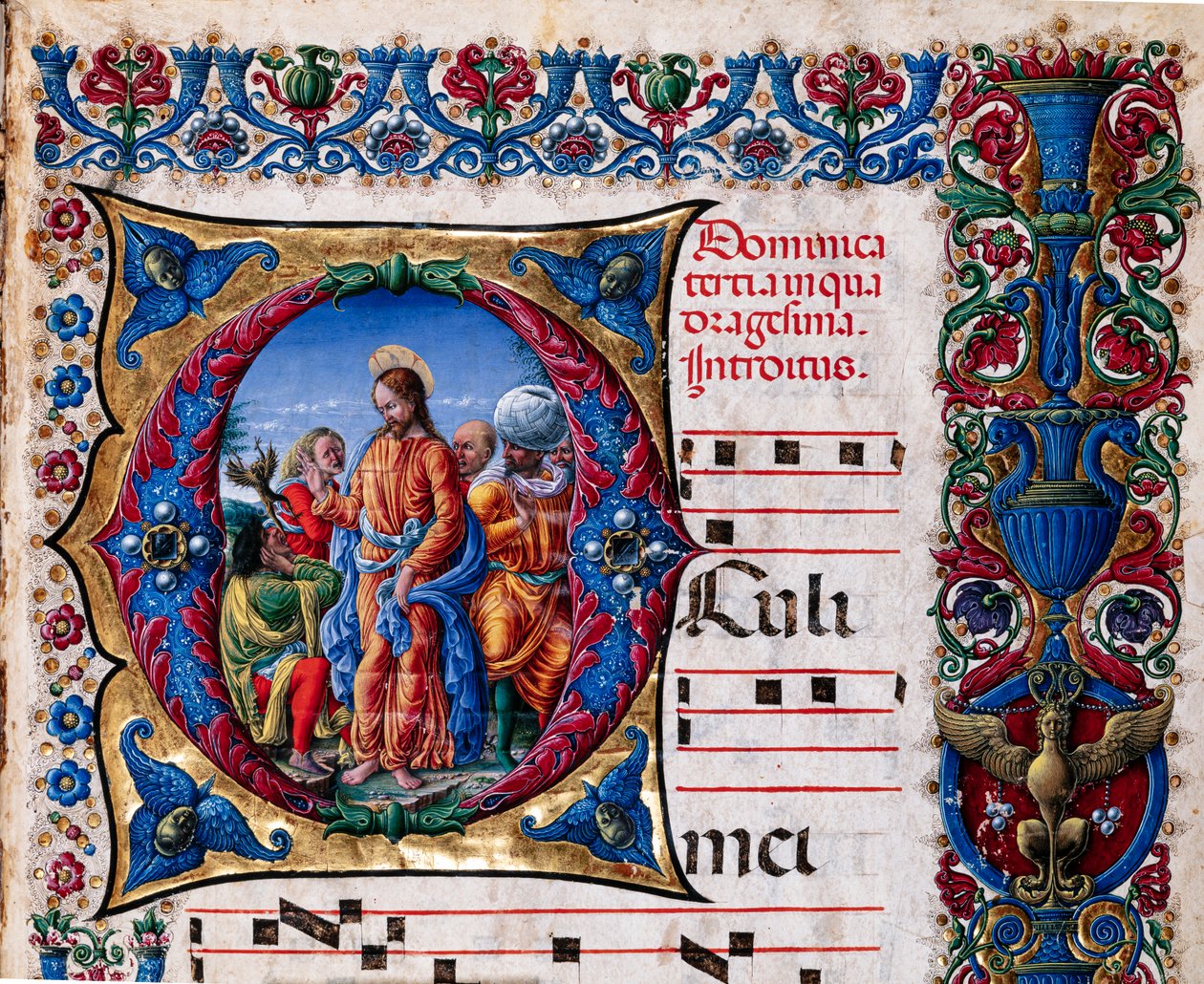 Piccolomini bibliotek: körbok, torsk. 21.6, ff. 2r med "Utdrivning av en oren ande", av Liberale da Verona (ca 1445 - 1527/9). Detalj. av Liberale da Verona