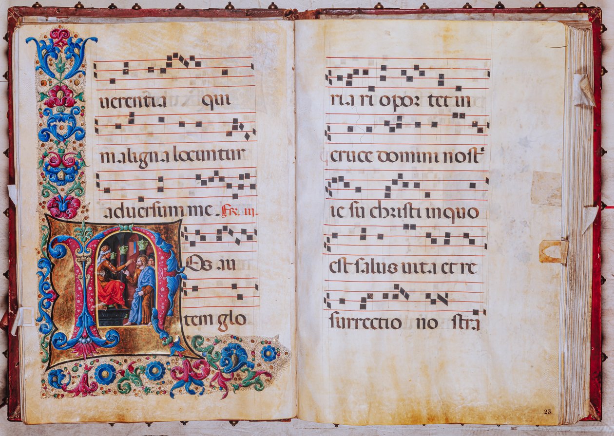 Piccolomini bibliotek: körbok, torsk. 22.7, ff. 22v-23r med "Kristus före Pilatus", av Liberale da Verona (cirka 1445 - 1527/9). av Liberale da Verona