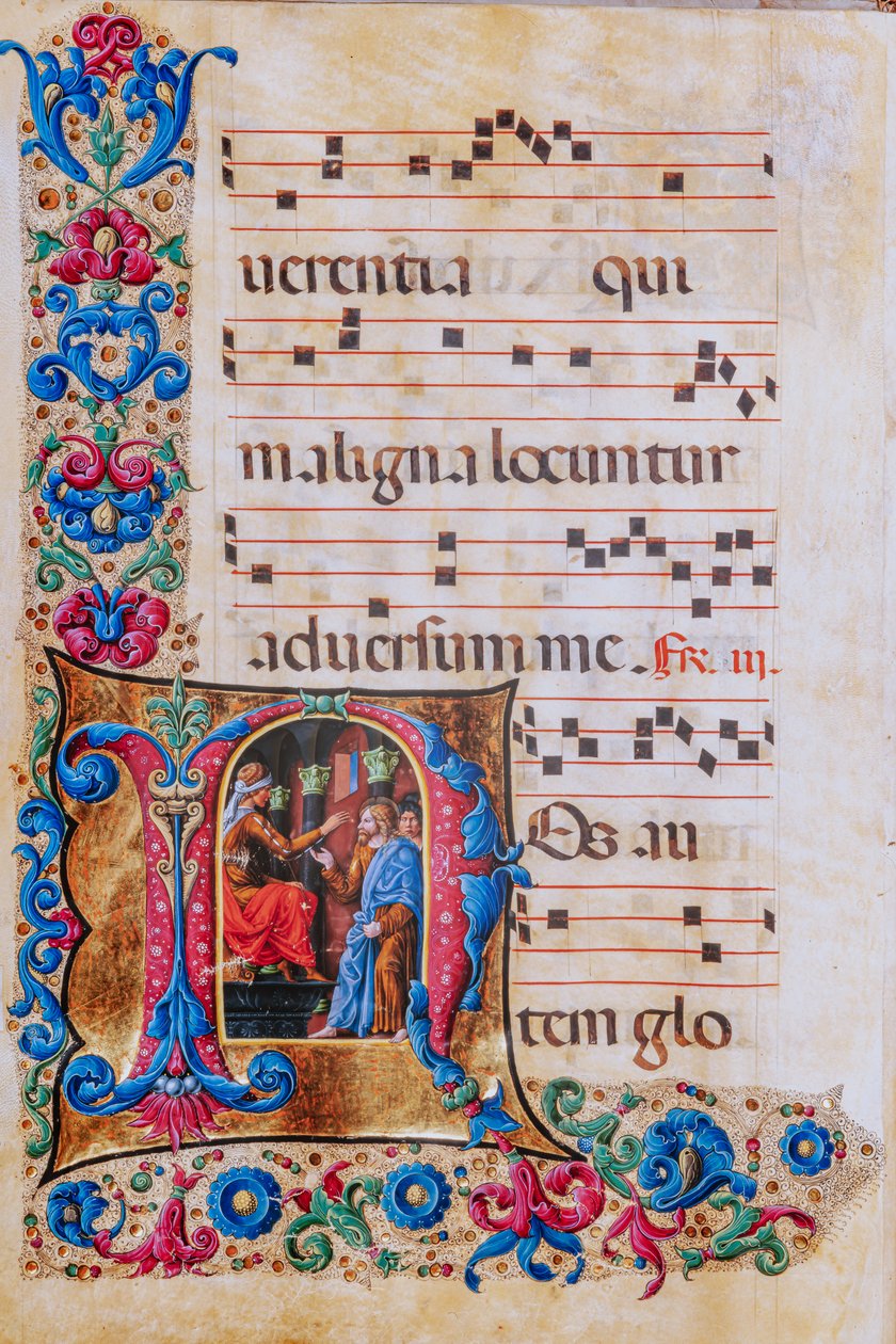 Piccolomini bibliotek: körbok, torsk. 22.7, ff. 22v med "Kristus före Pilatus", av Liberale da Verona (cirka 1445 - 1527/9). av Liberale da Verona