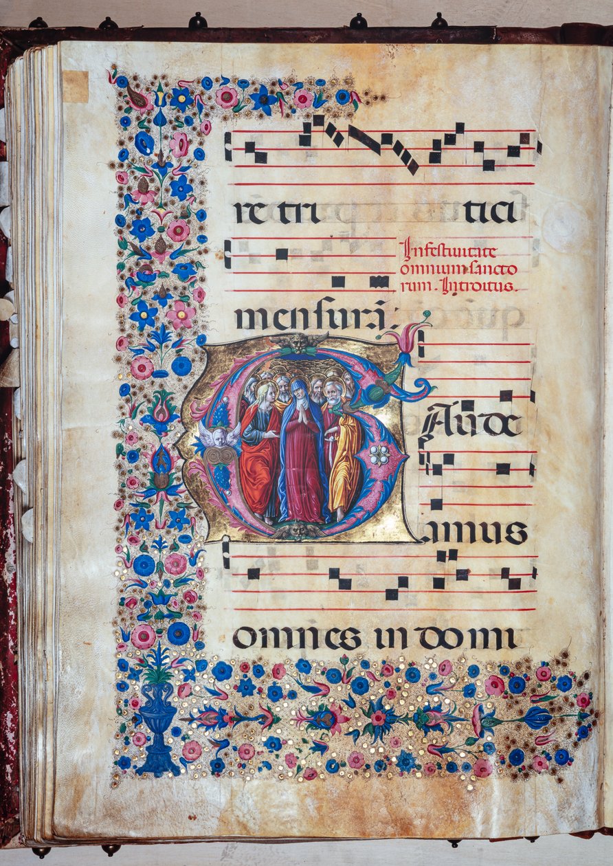 Piccolomini bibliotek: körbok, torsk. 28.12, ff. 94v med "Jungfrun och alla heliga", av Francesco Rosselli och Liberale da Verona (cirka 1445 - 1527/9). av Liberale da Verona