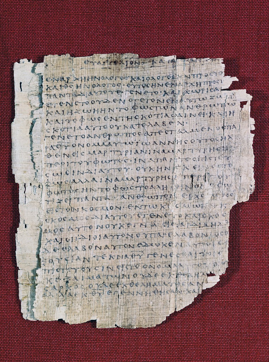 66 eller Bodmer II Papyrus, ca 200, nära fullständig kodex av Johannesevangeliet på grekiska, Bodmer bibliotek, Genève, Schweiz av Unbekannt Unbekannt