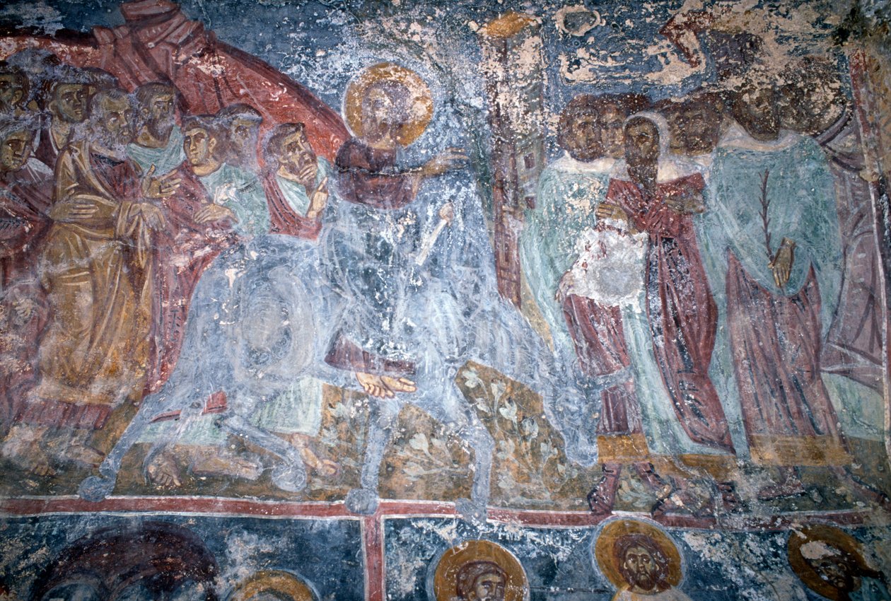Ängel, fresk i den bysantinska kyrkan Sotiras Christos, Vlithias, Kreta, Grekland (foto) av Unbekannt Unbekannt