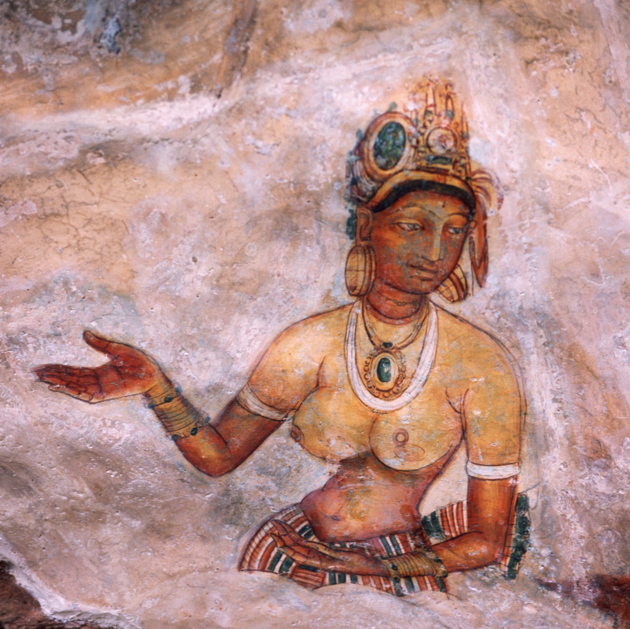 Apsaras, himmelsk nymf som ger ett offer, fresk, befäst citadell i Sigiriya (UNESCO:s världsarvslista av Unbekannt Unbekannt