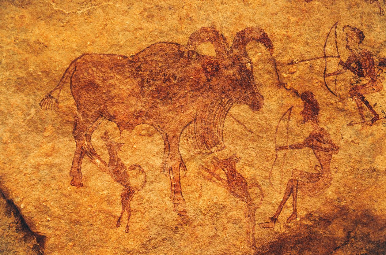 Bågskyttar, hundar och hovdjur, grottmålning, Tassili n
