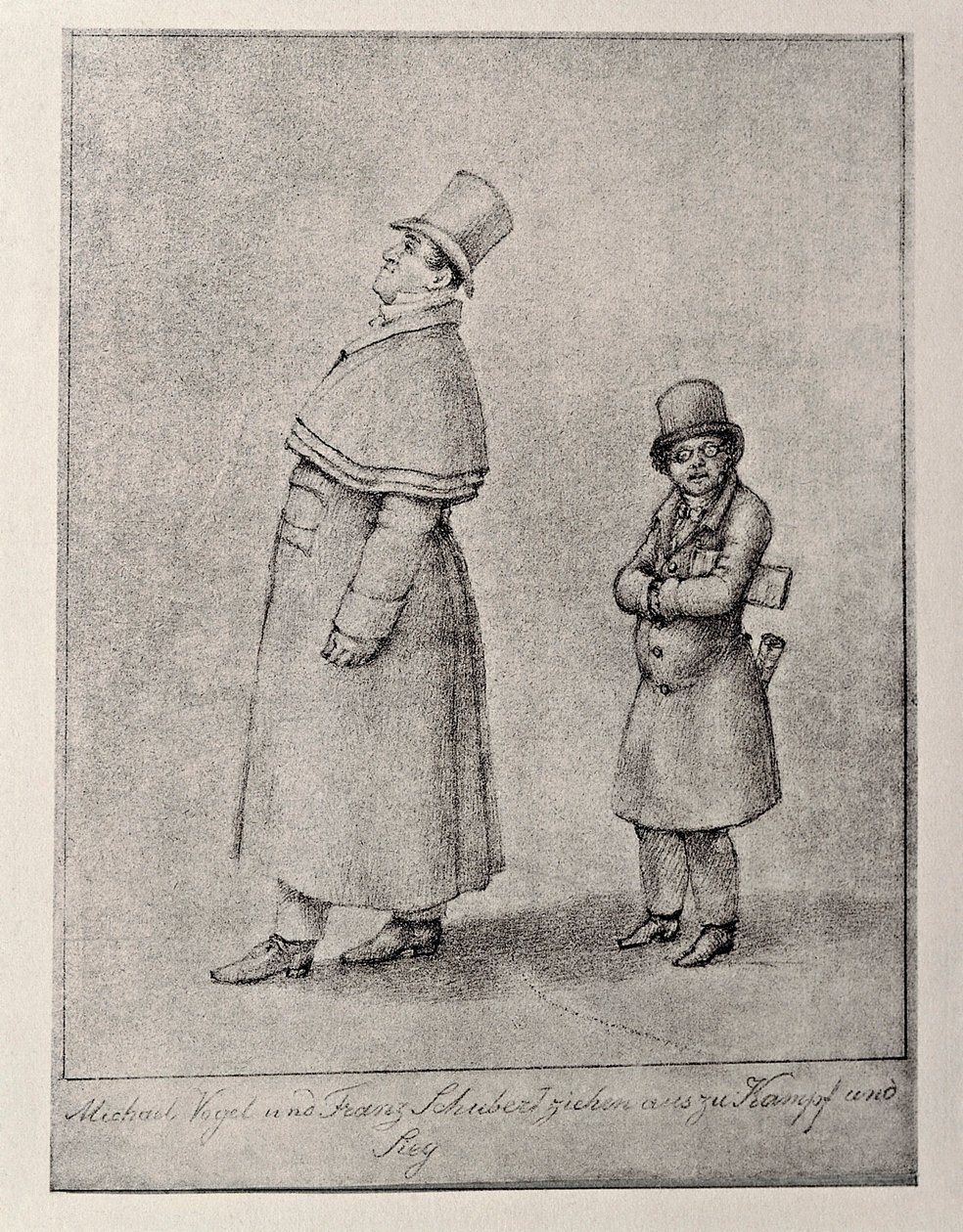 Österrike, Wien, karikatyr av den österrikiska barytonsångaren Johann Michael Vogl och kompositören Franz Peter Schubert, cirka 1825, blyertsteckning av Unbekannt Unbekannt