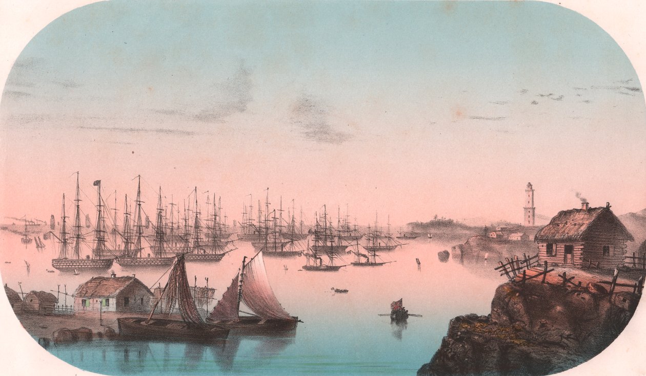 Baltic Fleet i Baro Sund, Finland, färglitografi, 29x20 cm, från Episodes de la guerre d