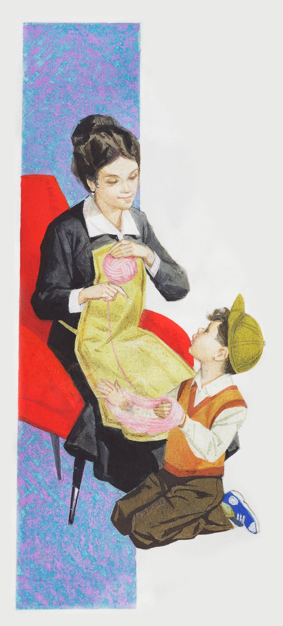 Pojke som hjälper sin mamma att göra boll av ull, ritning av Unbekannt Unbekannt