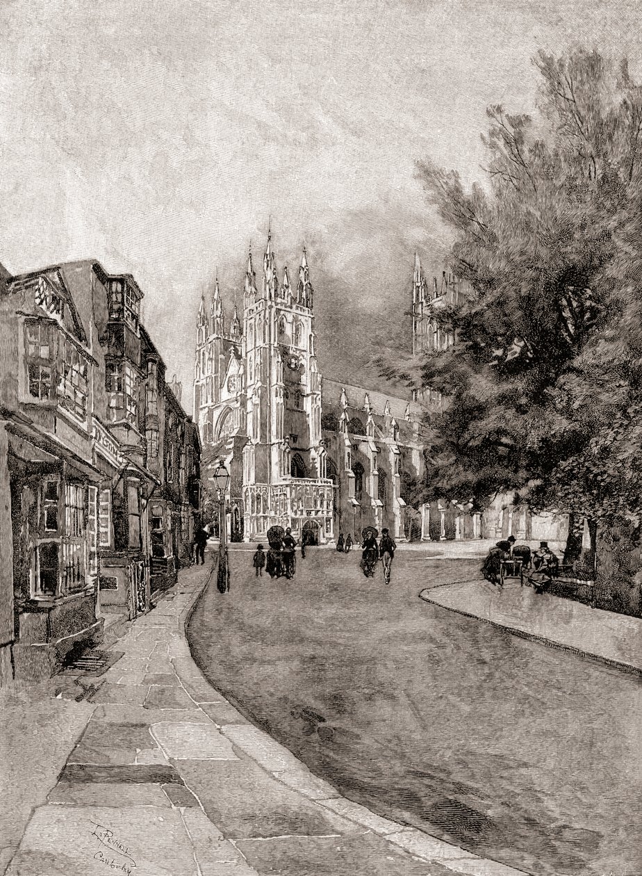 Canterbury Cathedral, från Christchurch Gateway, från The Century Magazine, publicerad 1887 (gravyr) av Unbekannt Unbekannt