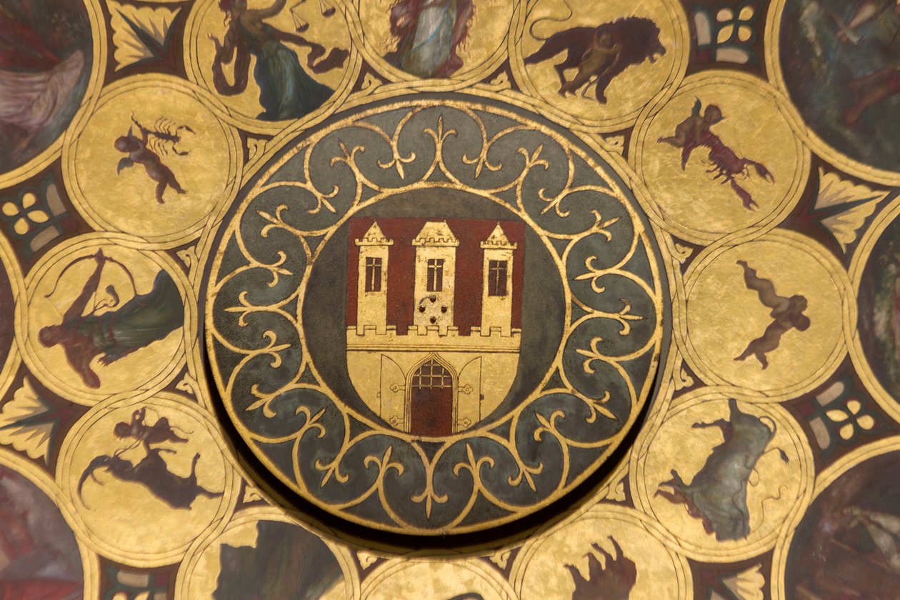 Slott, detalj av kalenderurtavlan, under den astronomiska klockan i Gamla rådhuset, Prag (UNESCOs världsarvslista av Unbekannt Unbekannt