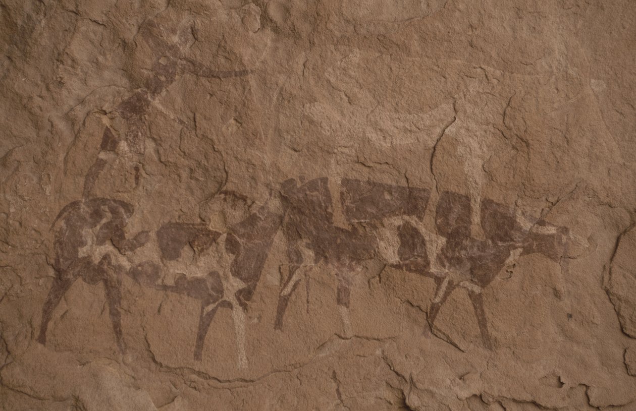 Boskap och mänskliga figurer, Grottmålning, Oued i Djeran, Nära Djanet, Tassili n