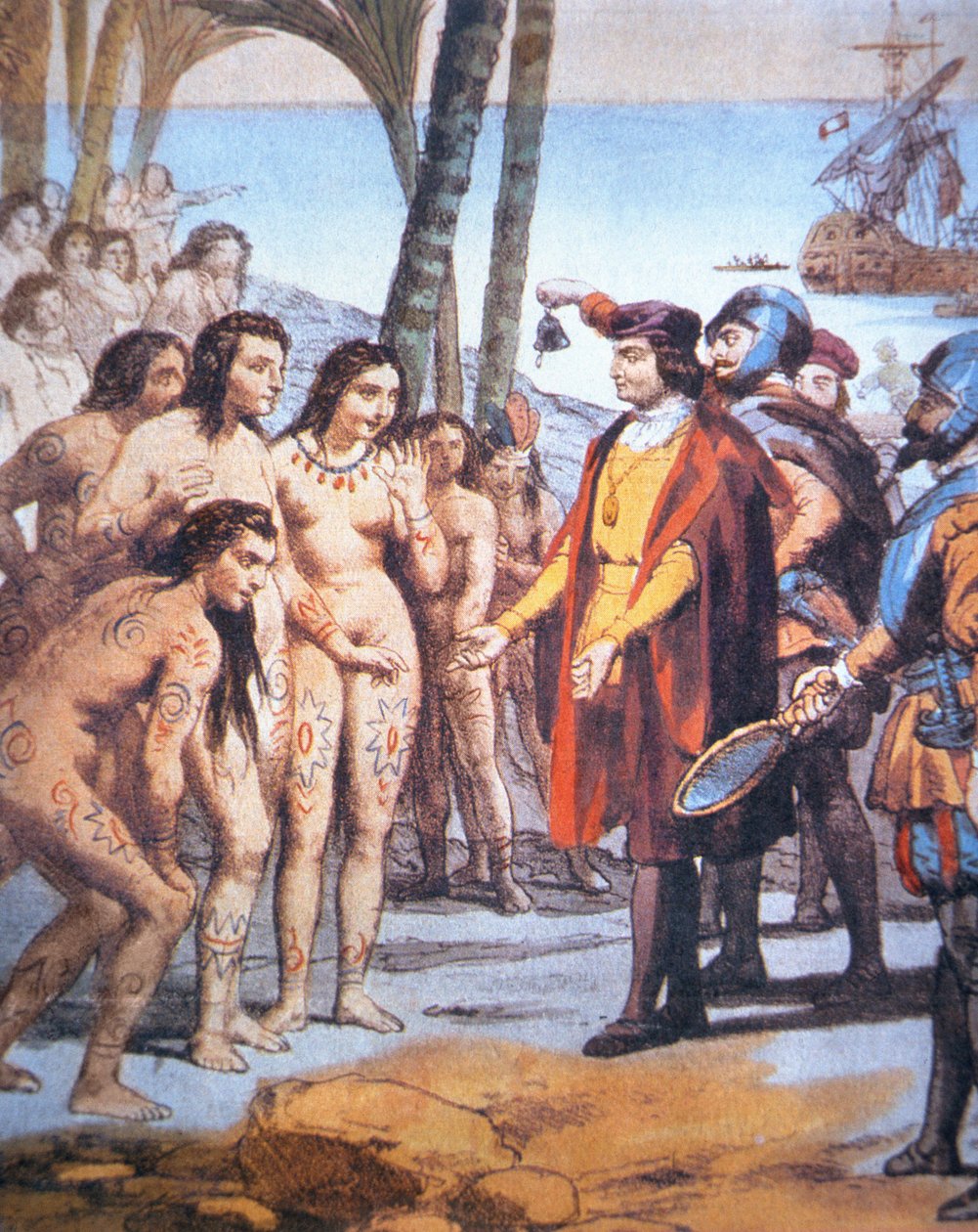 Christopher Columbus landar i den nya världen 1492 och hälsas av Taino-indianer (färg litho) av Unbekannt Unbekannt
