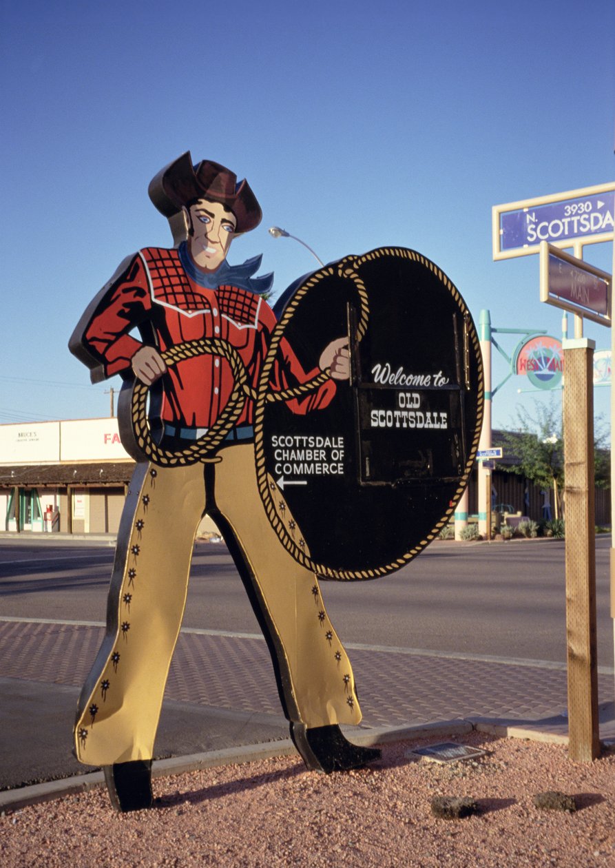 Cowboyfigurskylt som välkomnar turister till Scottsdale, Arizona (foto) av Unbekannt Unbekannt