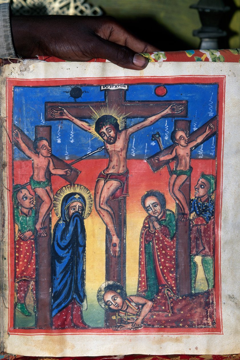 Korsfästelse, manuskript i museet för kyrkan St Mary of Sion (1600-talet), Aksum (Unescos världsarvslista av Unbekannt Unbekannt